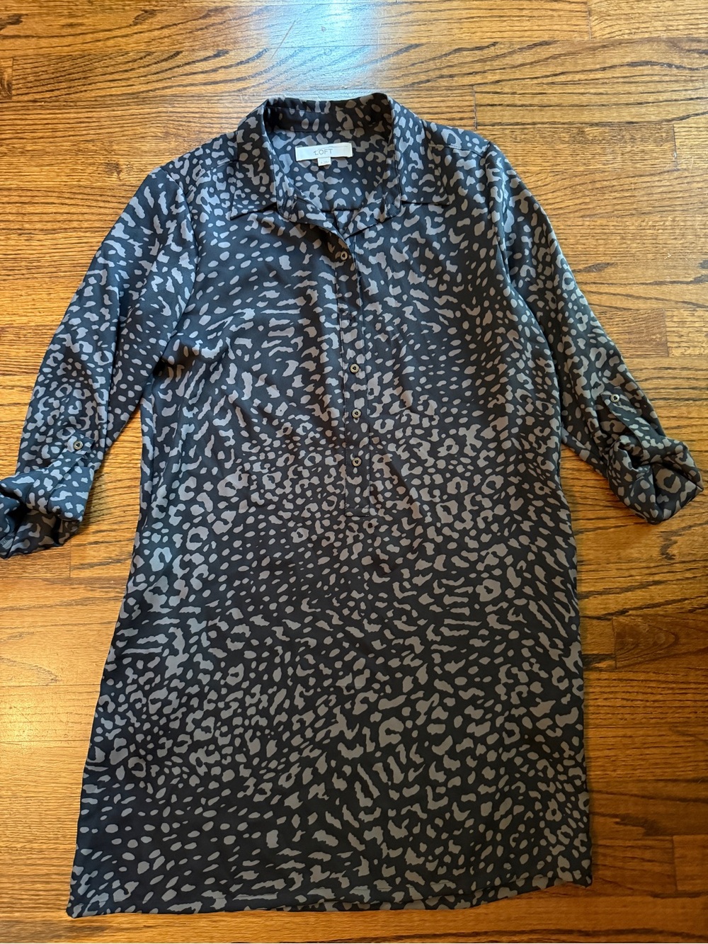 LOFT Charcoal and Light Gray Animal Print Long-Sleeve Shirt Dress